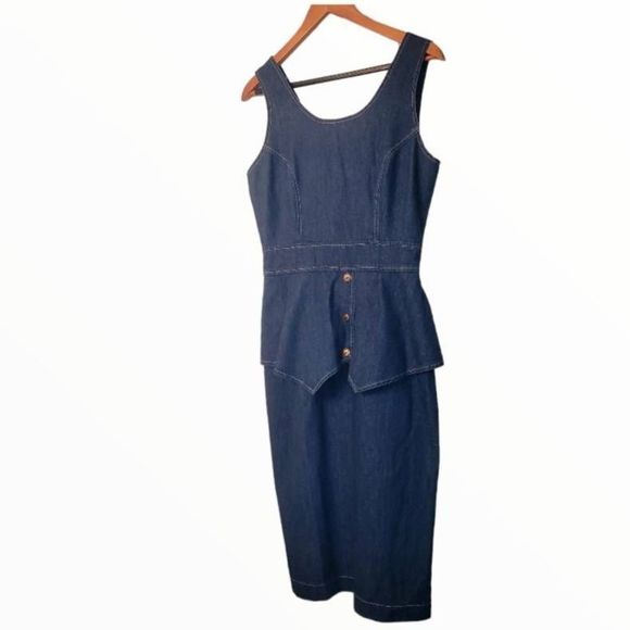 Vintage 80s Hollywood Blvd Denim Jean Fitted Ruffle Dress - Picture 1 of 9